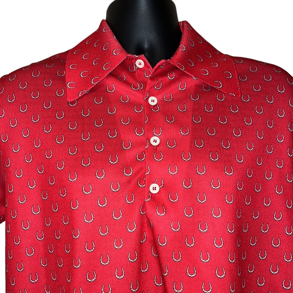 Vintage 70s IZOD Red Polo Polyester Shirt~HORSESHOES~equestrian themed~M